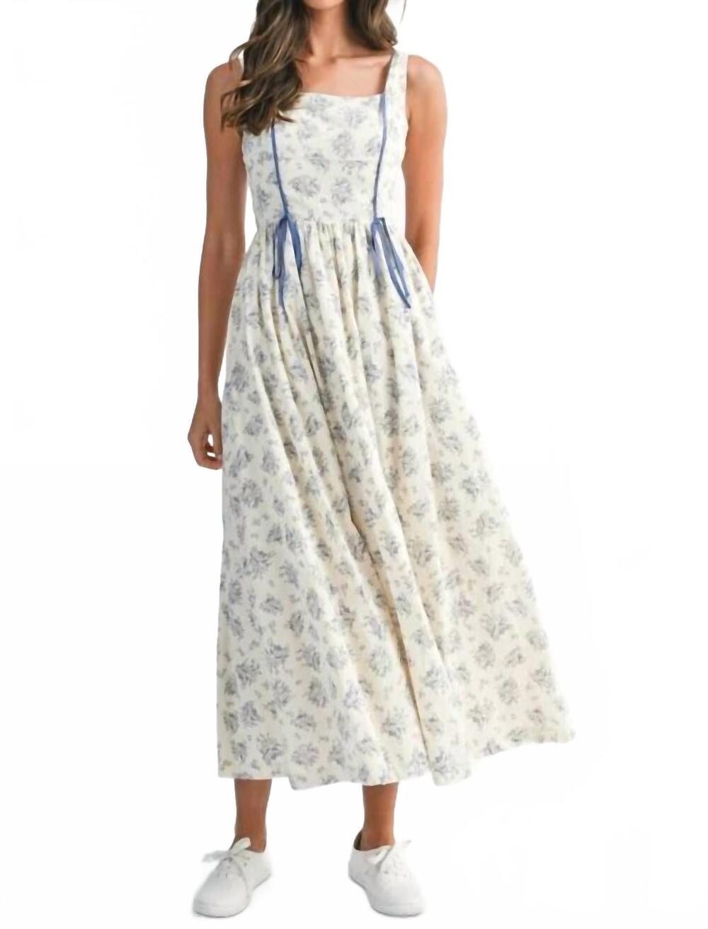 NEW MABLE floral print square neck contrast piping dress in blue